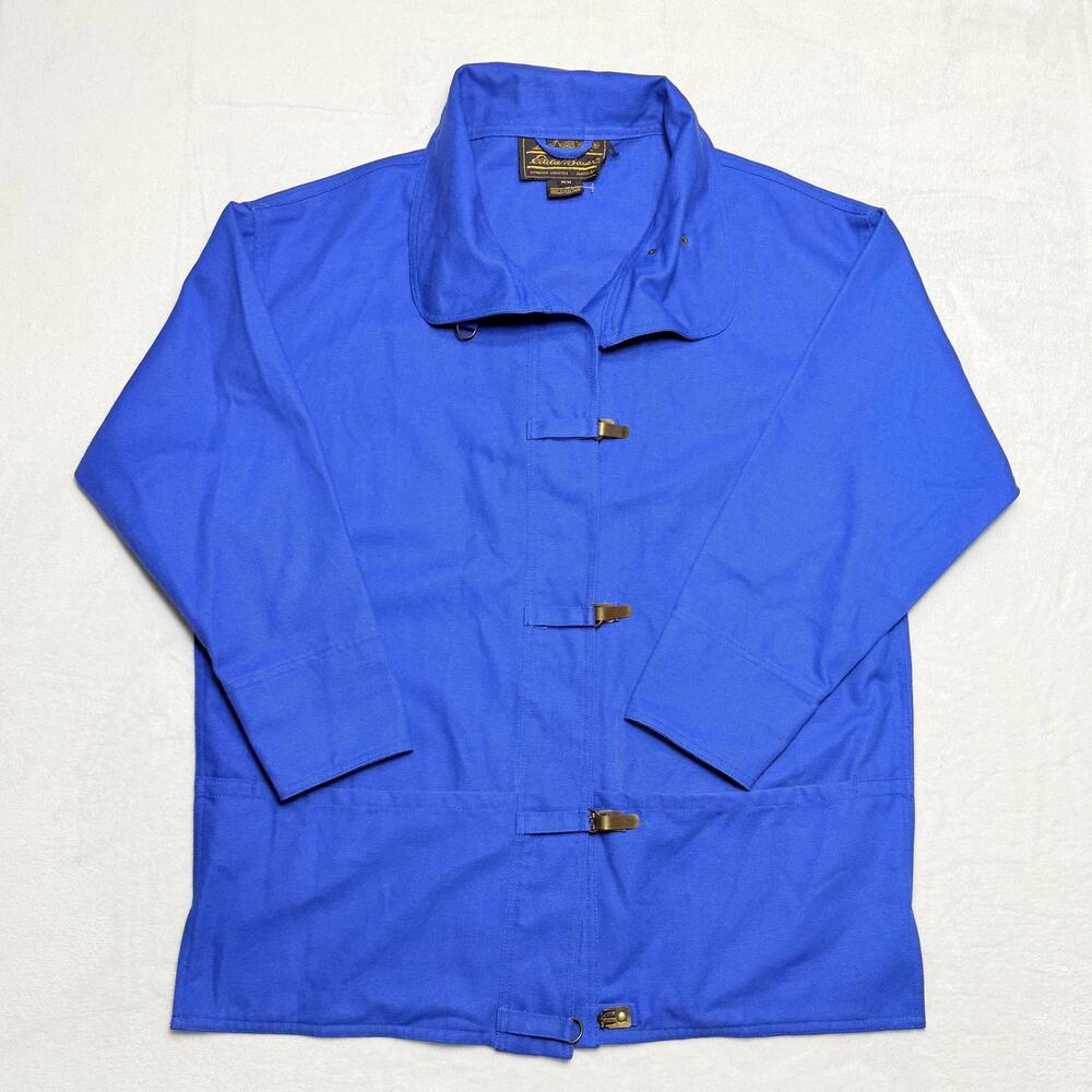 VTG Eddie Bauer Blue Work Jacket Men’s M Cotton Chore Coat Brass Hooks